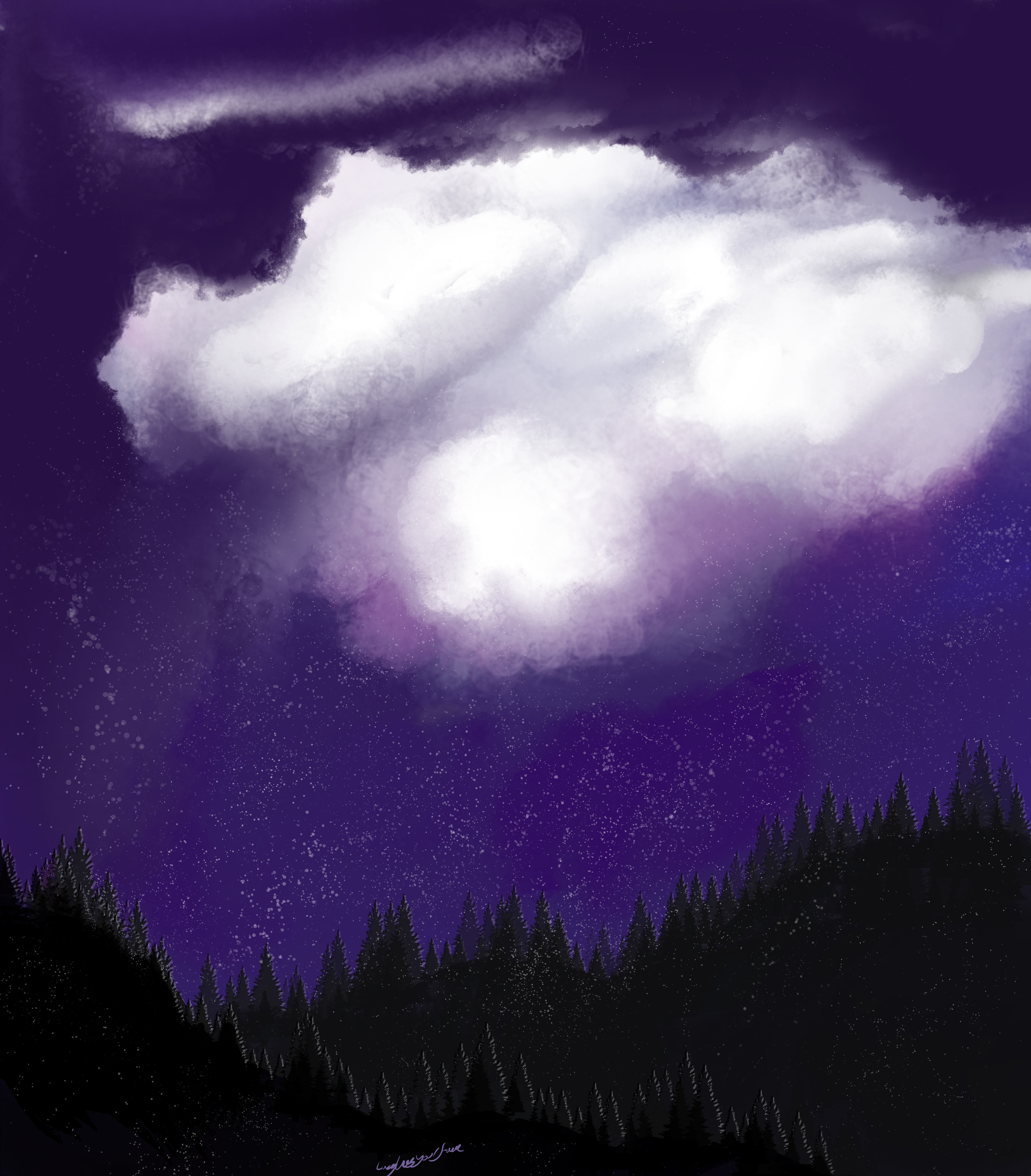 Digital art of a silhouette forest beneath a purple night sky. A large billowing white cloud is snowing over the scene.