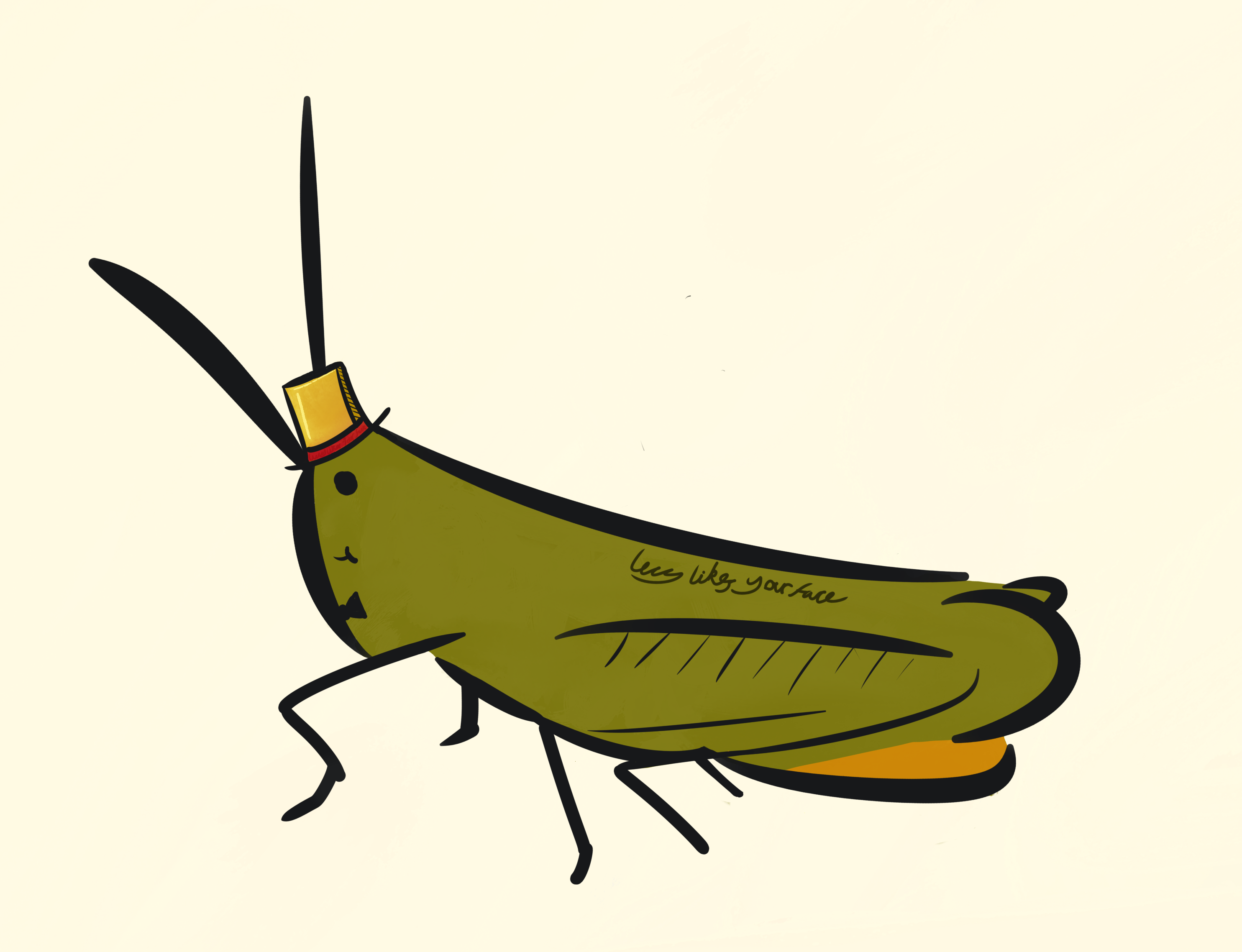 A digital drawing of a cricket with a tiny top hat and bowtie.